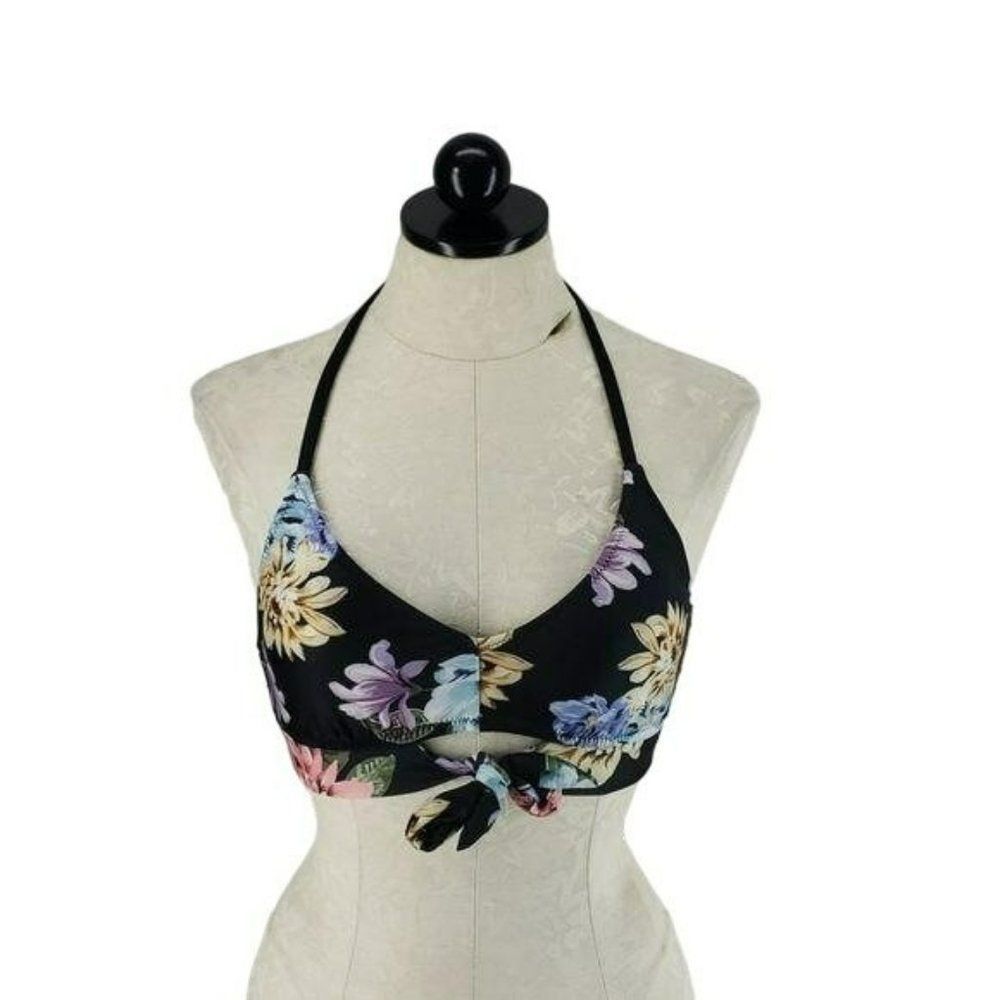 Kona Sol Black Floral‎ Halter Bikini Top Front Tie Size Small